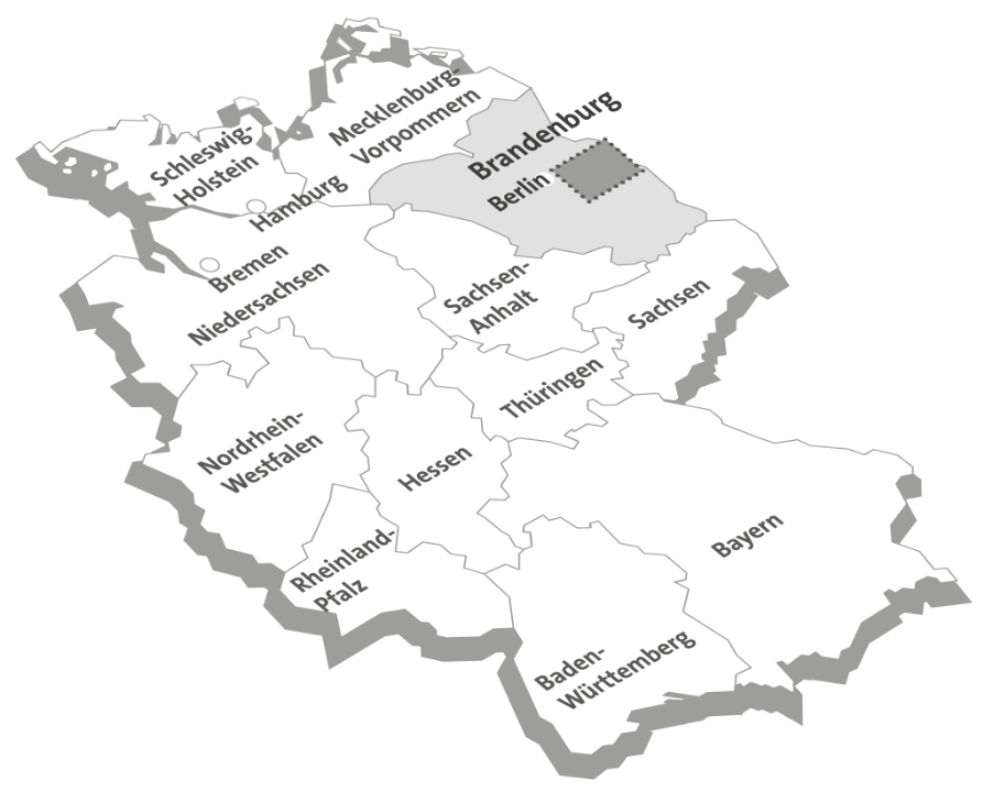 Deutschlandkarte mit den Bundesländern. Hervorgebone ist Brandenburg. Dort ist ein grauer Bereich der das Gebiet von Spree Immobilien kennzeichnet.