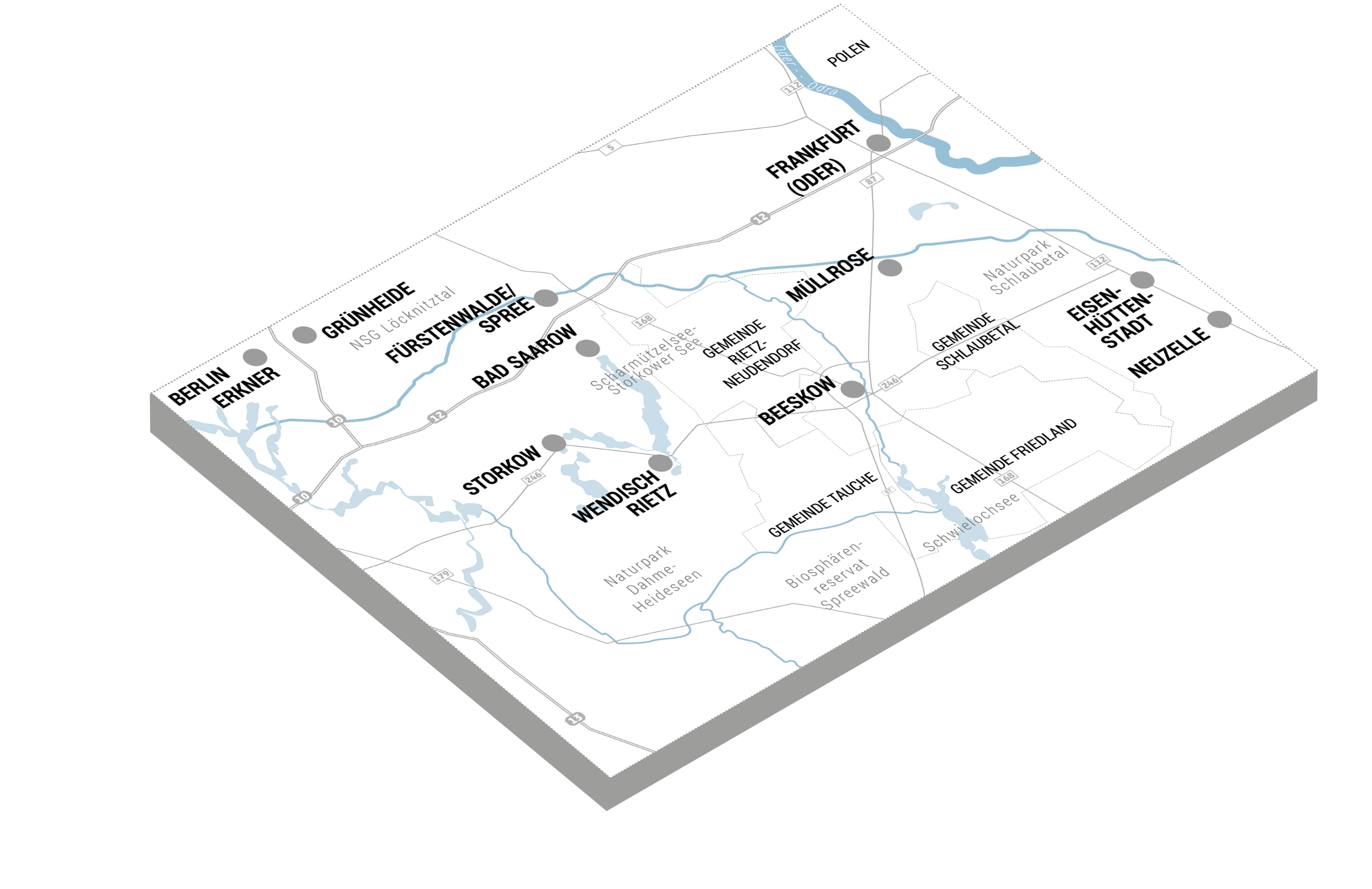 Karte mit den großen Städten, Strassen, Flüssen und Seen um Beeskow herum. Gewisse Städte haben Marker die auf die Landingpages verlinken.